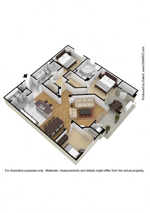 Floor plan for 3 beds, 2 baths, 1364 sqft