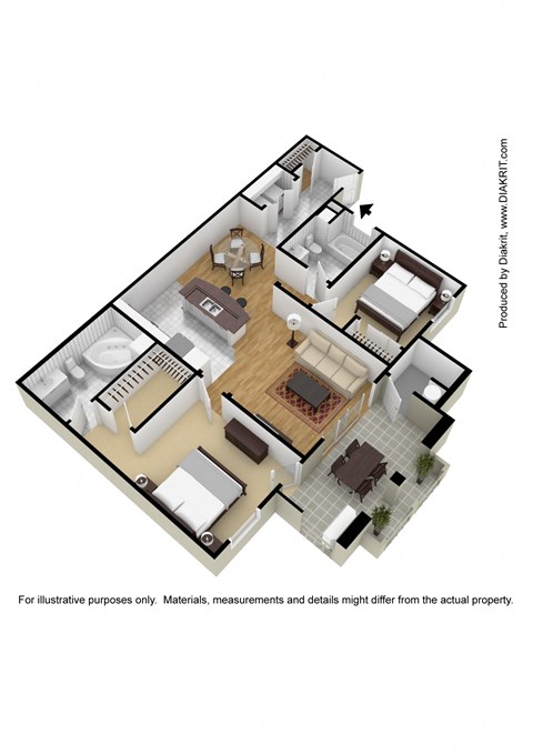 Floor plan for 2 beds, 2 baths, 1089 sqft