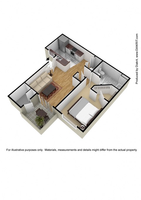 Floor plan for 1 bed, 1 bath, 741 sqft