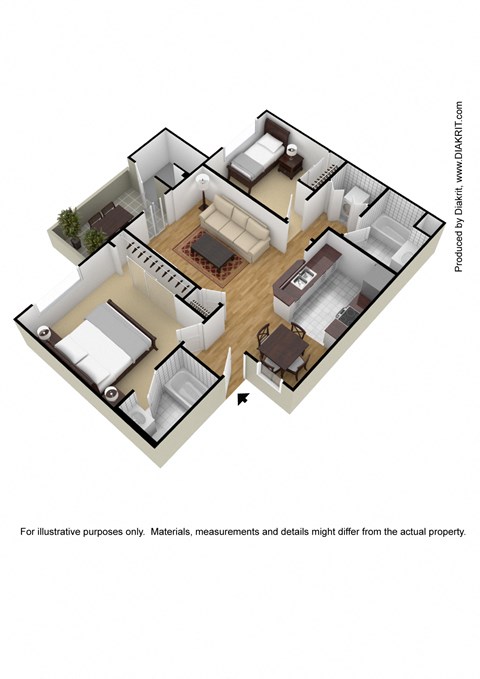 Floor plan for 2 beds, 2 baths, 939 sqft