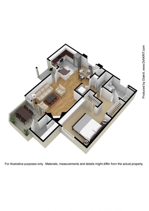 Floor plan for 1 bed, 1 bath, 741 sqft