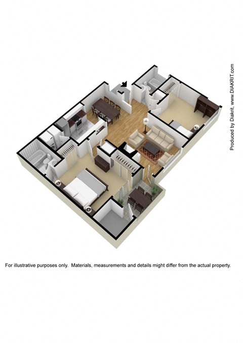 Floor plan for 2 beds, 2 baths, 869 sqft
