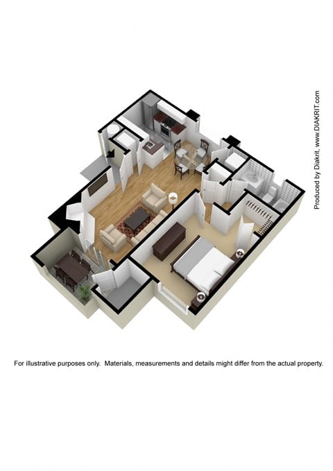 Floor plan for 1 bed, 1 bath, 672 sqft