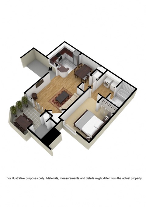 Floor plan for 1 bed, 1 bath, 705 sqft