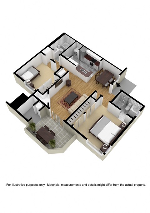 Floor plan for 2 beds, 2 baths, 905 sqft