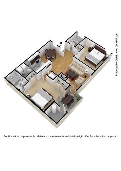 Floor plan for 2 beds, 2 baths, 869 sqft