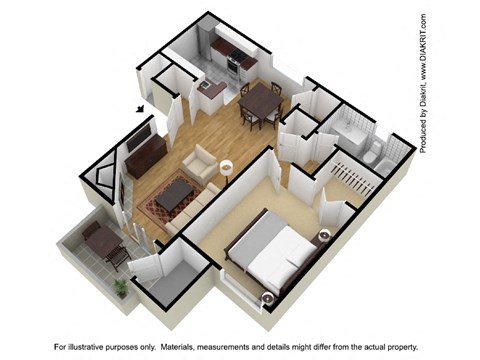 Floor plan for 1 bed, 1 bath, 672 sqft