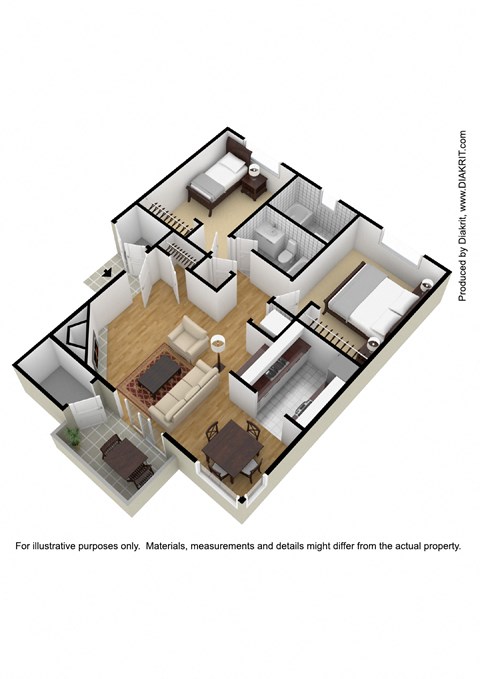 Floor plan for 2 beds, 2 baths, 853 sqft