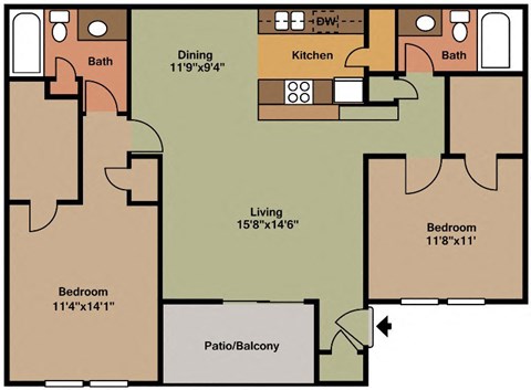 Floor plan for 2 beds, 2 baths, 1050 sqft