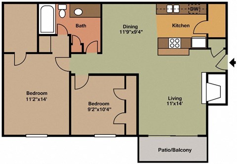 Floor plan for 2 beds, 1 bath, 856 sqft