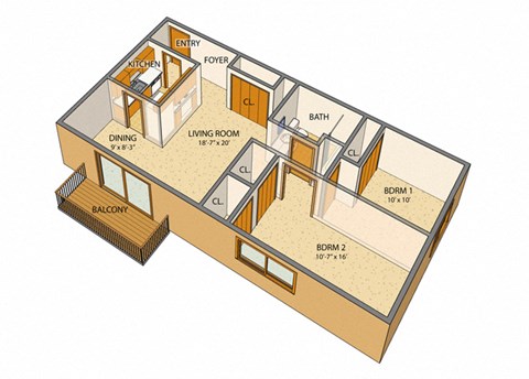 Floor plan for 2 beds, 1 bath, 570 sqft