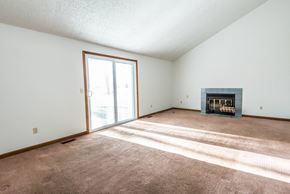 Amherst house for rent - a living room with a fireplace and a sliding glass door