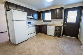 Amherst triplex for rent - A kitchen with a white fridge and black cabinets.