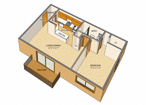Floor plan for 1 bed, 1 bath, 565 sqft