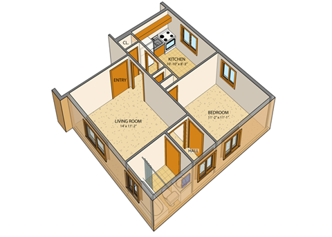 Floor plan for 1 bed, 1 bath, 550 sqft
