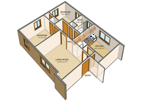 Floor plan for 2 beds, 1 bath, 650 sqft