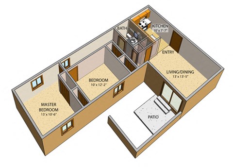 Floor plan for 2 beds, 1 bath, 777 sqft