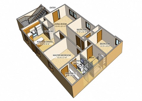 Floor plan for 3 beds, 2 baths, 1260 sqft