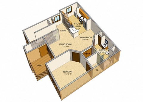 Floor plan for 1 bed, 1 bath, 917 sqft