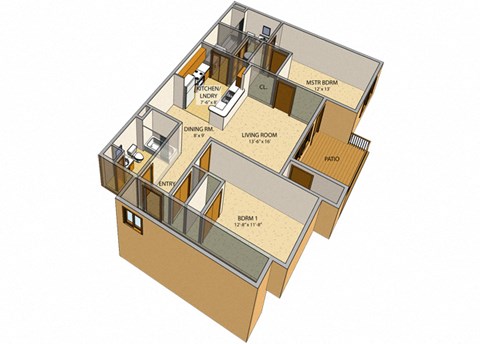 Floor plan for 2 beds, 2 baths, 1300 sqft