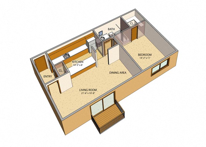 Floor plan for 1 bed, 1 bath, 758 sqft