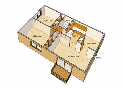 Floor plan for 2 beds, 1 bath, 984 sqft