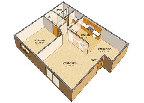 Floor plan for 1 bed, 1 bath, 793 sqft