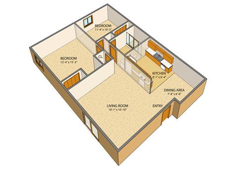 Floor plan for 2 beds, 1 bath, 932 sqft