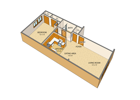 Floor plan for 1 bed, 1 bath, 640 sqft