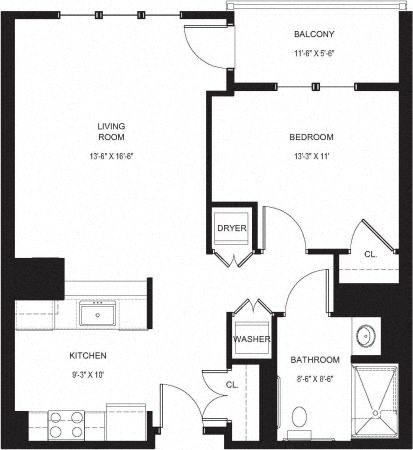 Floor plan for 1 bed, 1 bath, 726 sqft