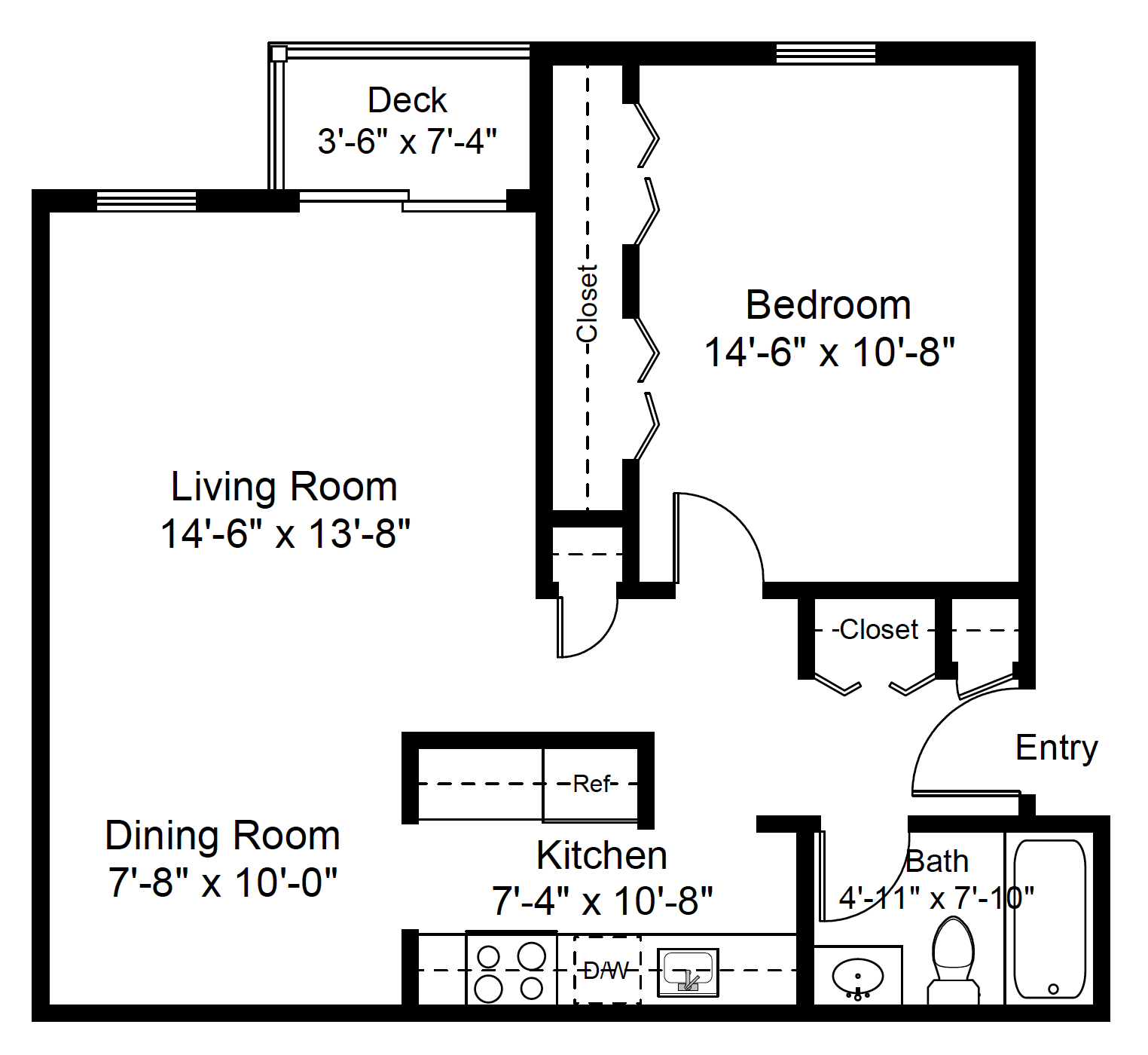 Floor plan for 1 bed, 1 bath, 680 sqft