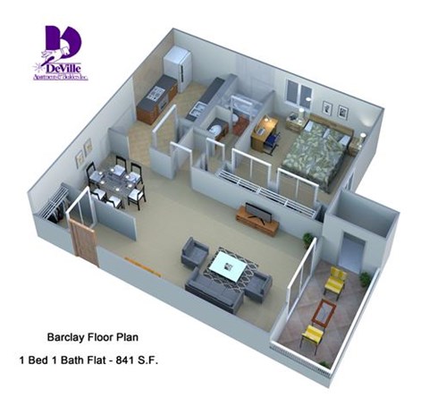Floor plan for 1 bed, 1 bath, 842 sqft