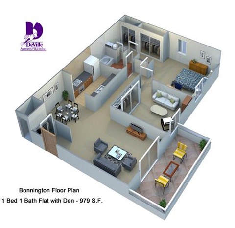 Floor plan for 1 bed, 1 bath, 979 sqft