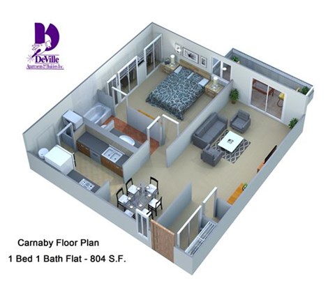 Floor plan for 1 bed, 1 bath, 804 sqft