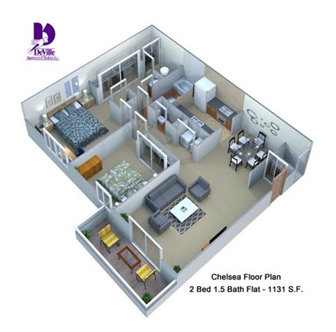 Floor plan for 2 beds, 1.5 baths, 1131 sqft