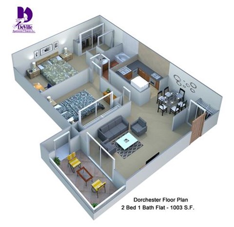 Floor plan for 2 beds, 1 bath, 1003 sqft