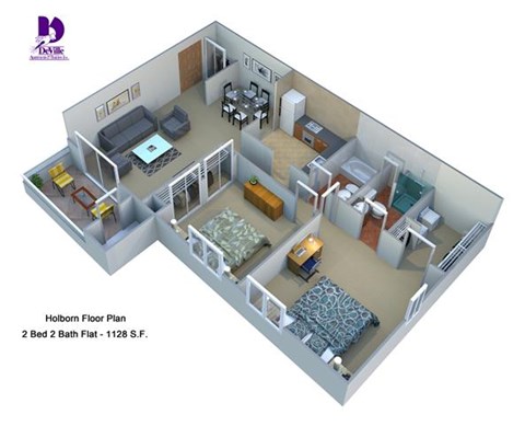 Floor plan for 2 beds, 2 baths, 1128 sqft