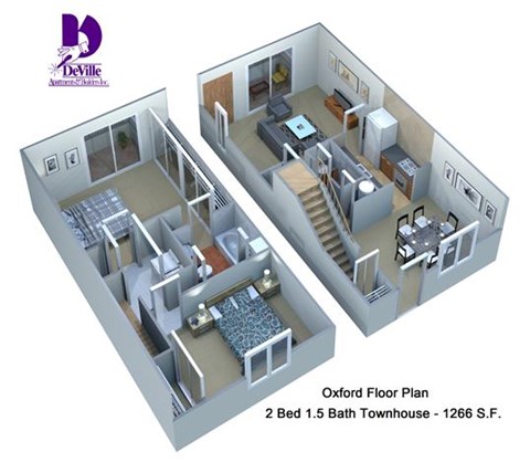 Floor plan for 2 beds, 1.5 baths, 1266 sqft