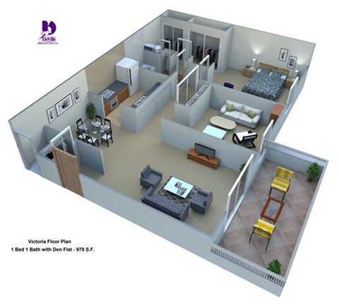 Floor plan for 1 bed, 1 bath, 979 sqft
