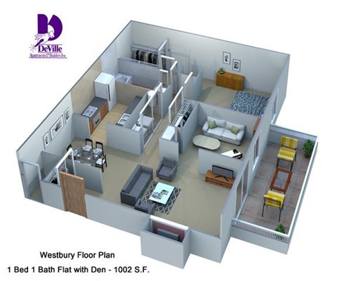Floor plan for 1 bed, 1 bath, 1002 sqft