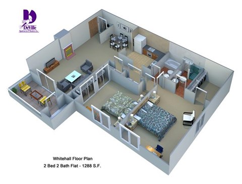 Floor plan for 2 beds, 2 baths, 1288 sqft
