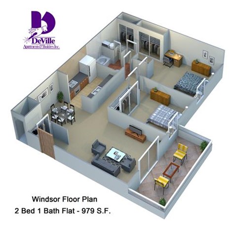Floor plan for 2 beds, 1 bath, 979 sqft