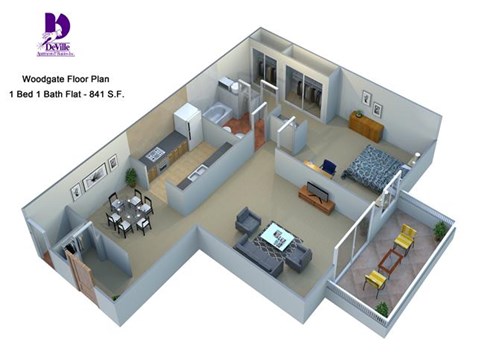 Floor plan for 1 bed, 1 bath, 841 sqft