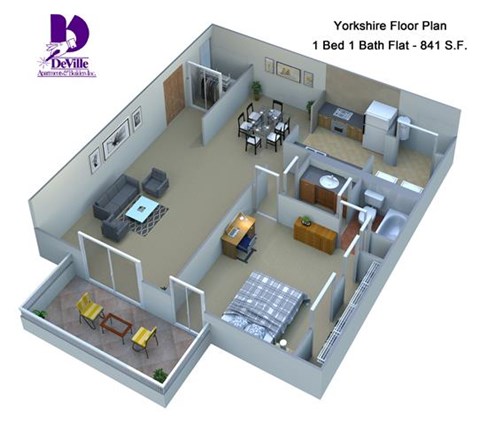 Floor plan for 1 bed, 1 bath, 841 sqft