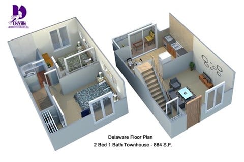 Floor plan for 2 beds, 1 bath, 864 sqft