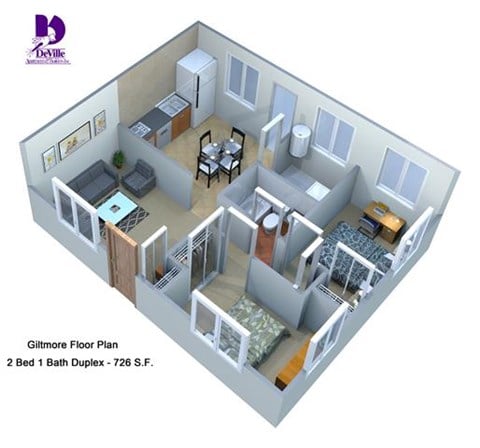 Floor plan for 2 beds, 1 bath, 726 sqft