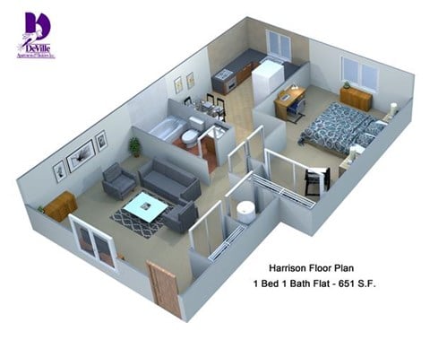 Floor plan for 1 bed, 1 bath, 651 sqft