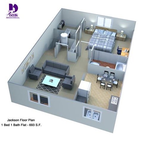 Floor plan for 1 bed, 1 bath, 651 sqft