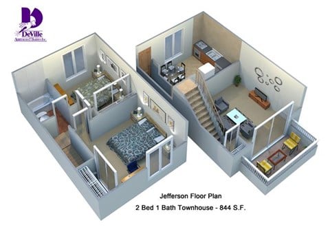 Floor plan for 2 beds, 1 bath, 844 sqft