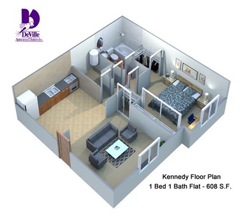 Floor plan for 1 bed, 1 bath, 608 sqft